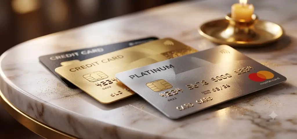 Tarjetas de crédito doradas y platinum sobre mesa de mármol