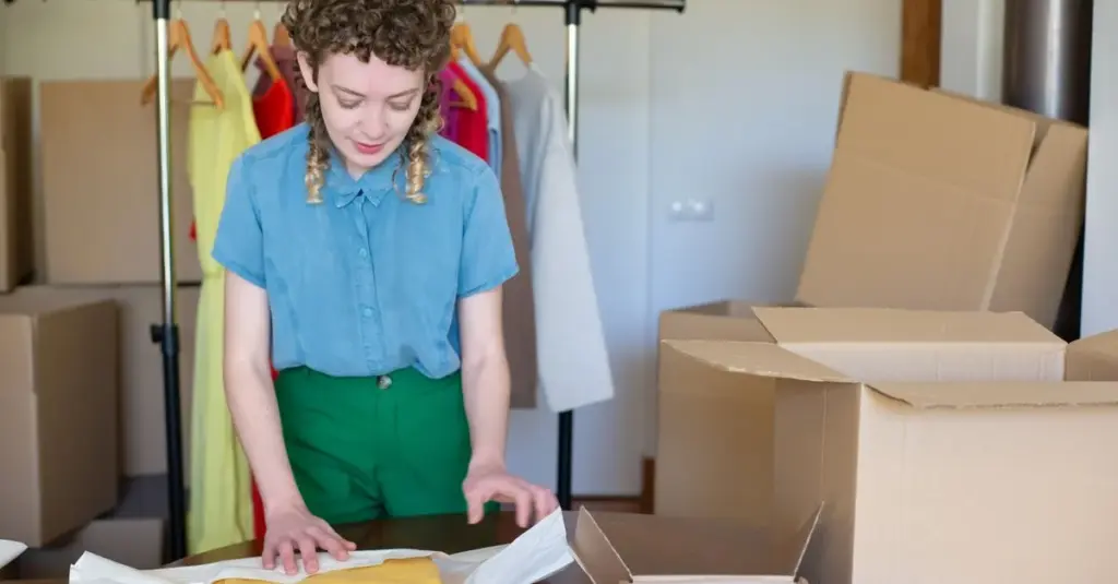 Mujer empacando pedidos de ventas por redes sociales