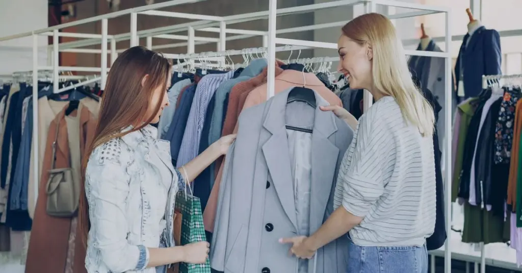 Dos mujeres viendo ropa en una tienda de precios accesibles